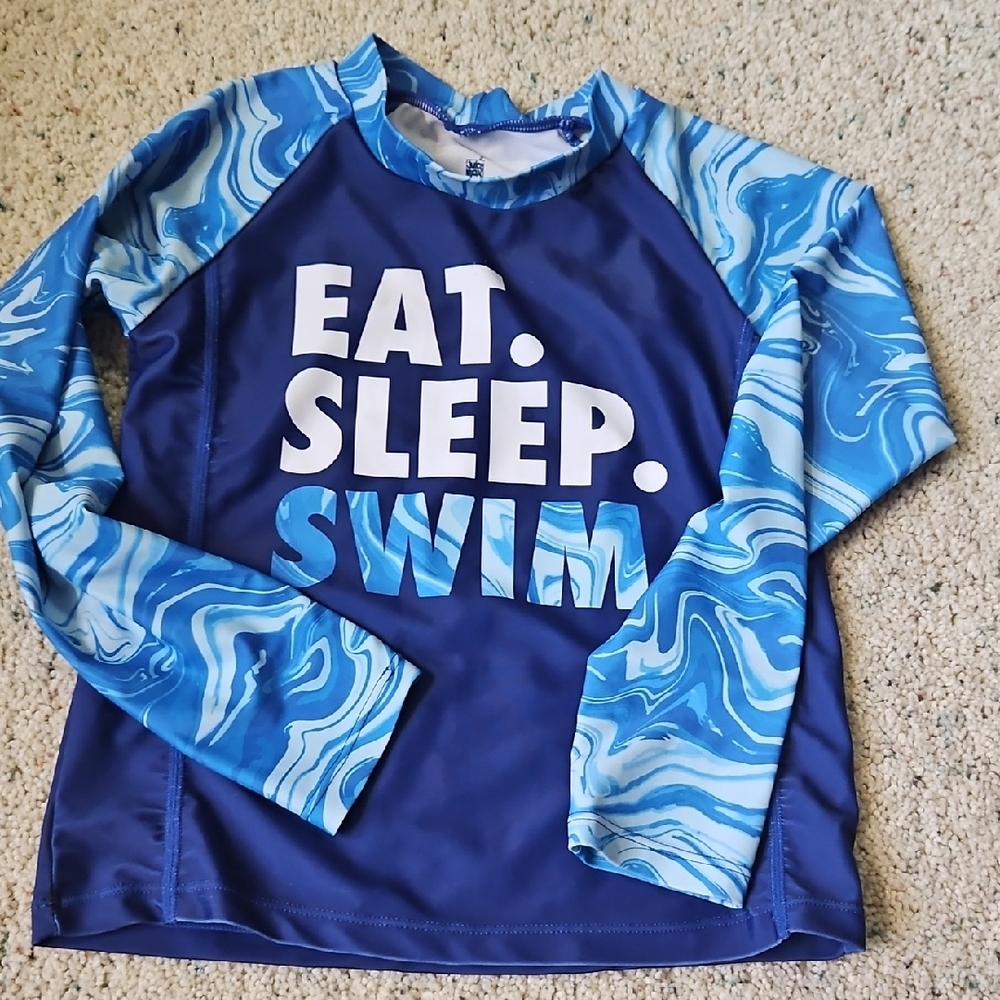 Blue and White Rashguard Swim Shirt with Water-Inspired Design
